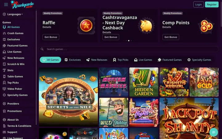 Avantgarde Casino homepage: the Avantgarde logo, a game menu down the left, a search bar, category tabs and slot tiles