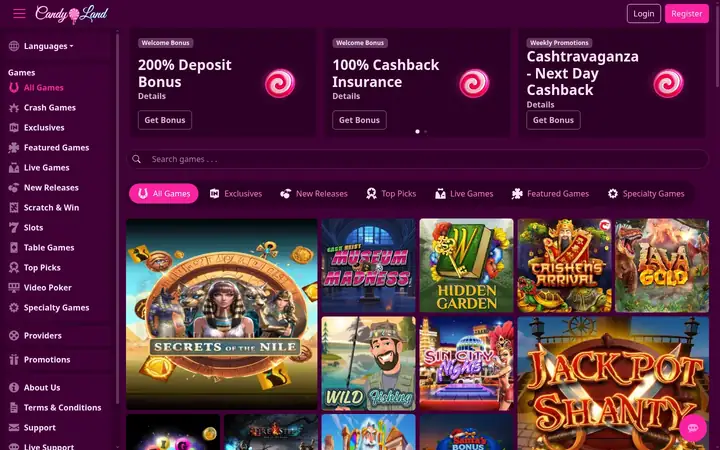 Candyland homepage on deep purple: the Candy Land logo, Login and Register, promotion cards, a game menu down the left, a search bar, category tabs and slot tiles
