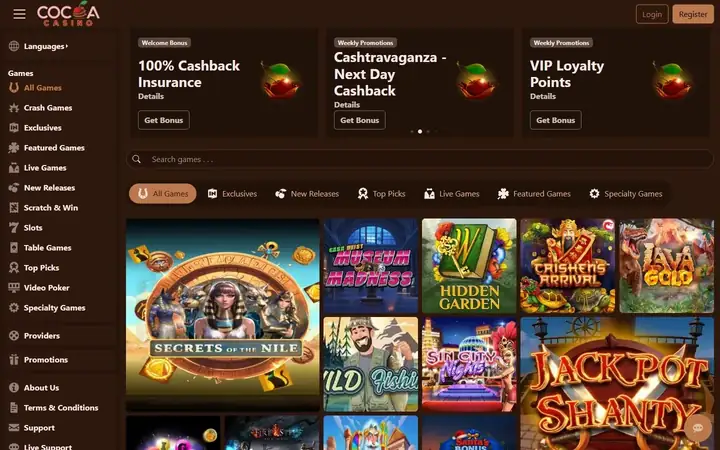 Cocoa Casino homepage: the Cocoa Casino logo on brown, a game menu down the left, a search bar, category tabs and slot tiles