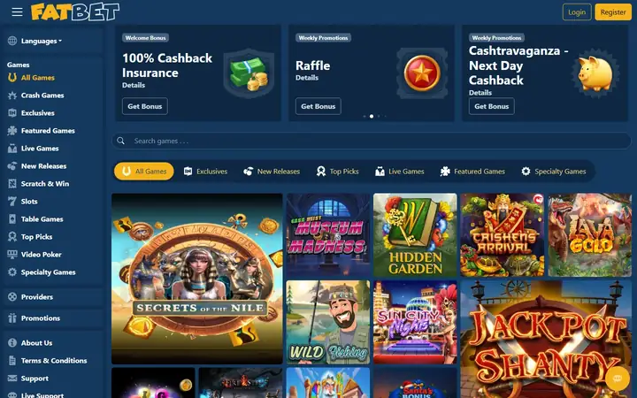 FatBet games lobby on navy: a games menu down the left, a search bar, category tabs and slot tiles