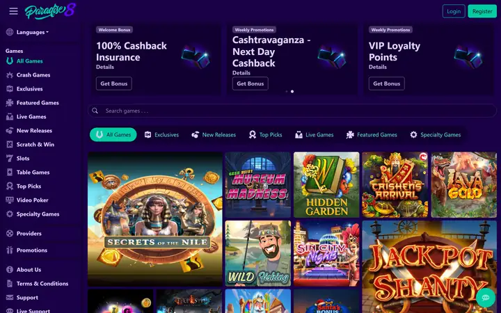 Paradise 8 homepage: the Paradise8 logo on purple, a game menu down the left, a search bar, category tabs and slot tiles